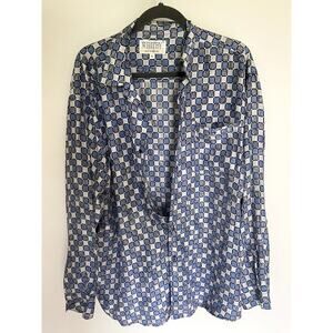 Whitby 100% Washed Silk Blue Pattern Mens Button Up Dress Shirt XL Long Sleeve